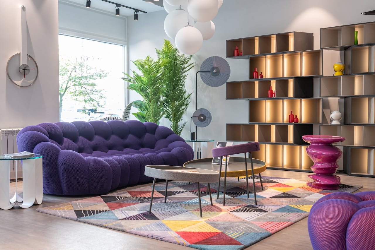 Explore a modern living room with vibrant colors, chic furniture, and elegant decor.